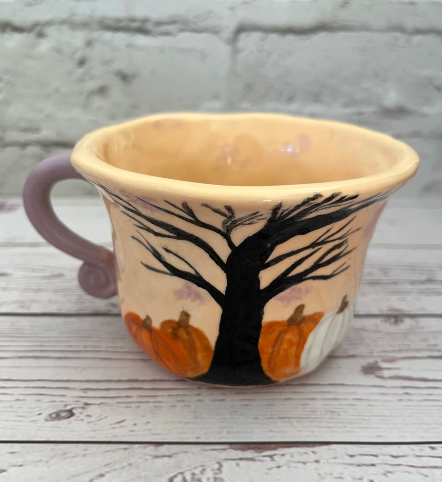 Millie's Pottery Peach Black Trees, Pumpkins and Bats Peekaboo Frog Mug Gift Set