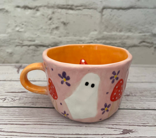 Millie's Pottery Pink and Orange with Ghosts and Toadstools Peek-a-boo Toadstool Mug Gift