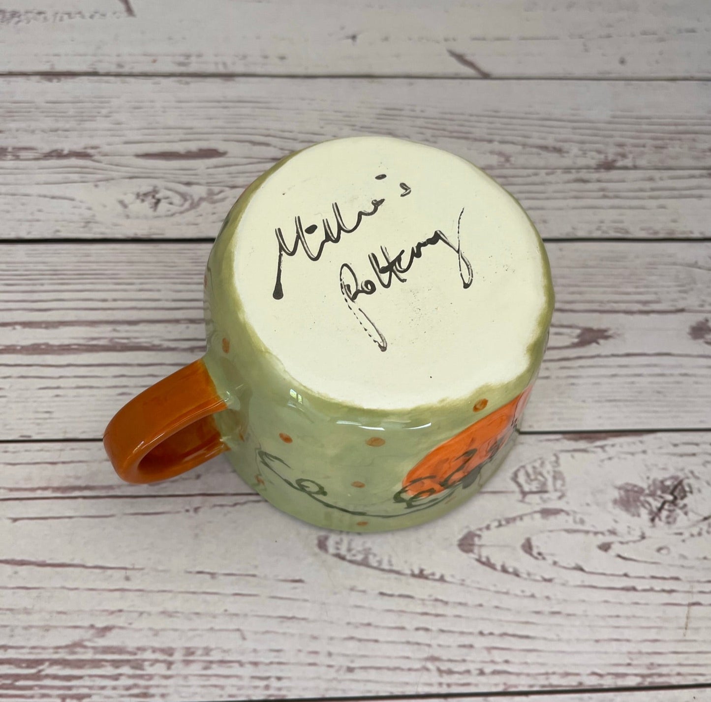 Millie's Pottery Large White and Orange Pumpkins on Green with Peek-a-boo Frog Mug Gift