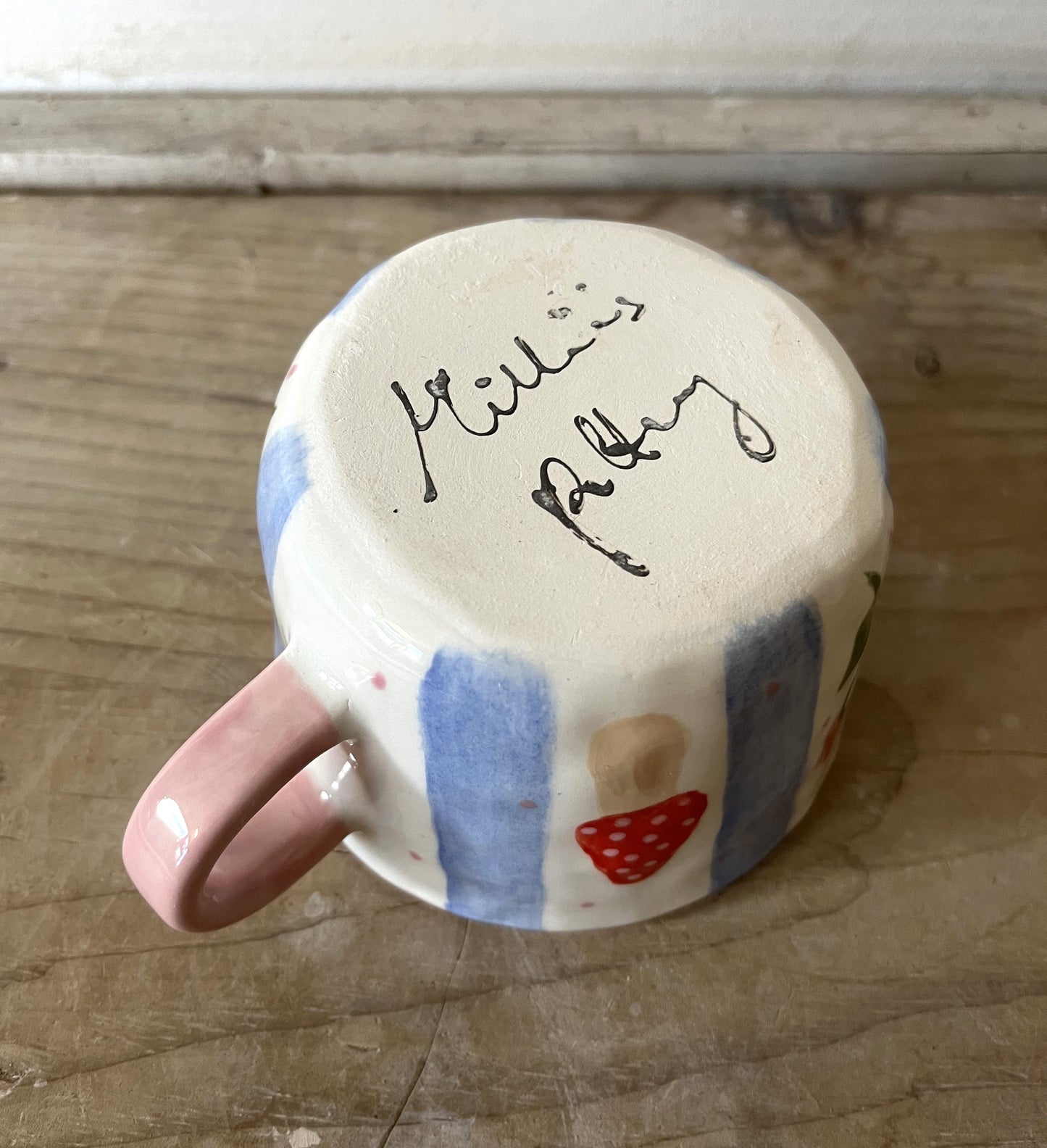 Millie's Pottery Blue Stripes with Flowers and Toadstools Peek-a-boo Little Owl Mug Gift