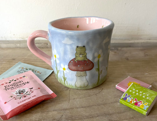 Millie's Pottery Frog Drinking on a Toadstool with Hand Painted Daisies and Clouds Mug Gift