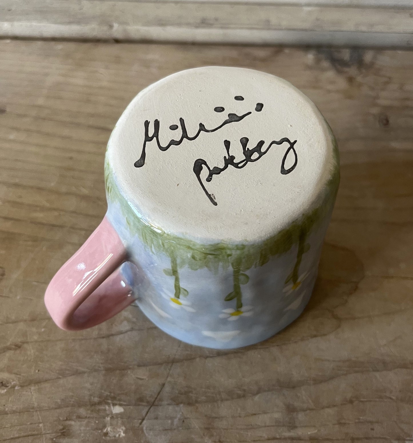 Millie's Pottery Frog Drinking on a Toadstool with Hand Painted Daisies and Clouds Mug Gift