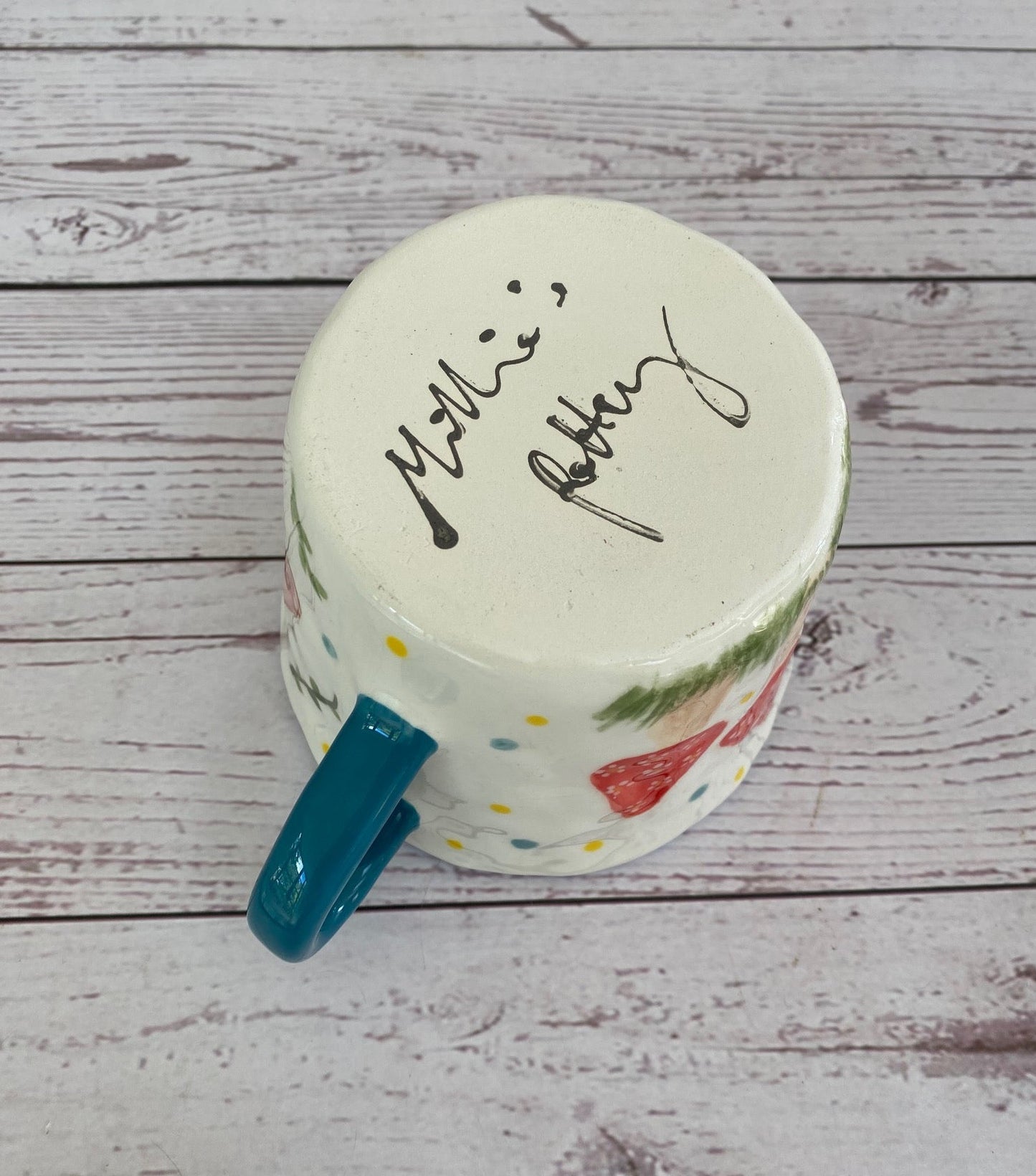 Millie's Pottery Turquoise, Pink and Orange Butterfly and Fairy Toadstools Peek-a-boo Little Owl Mug Gift