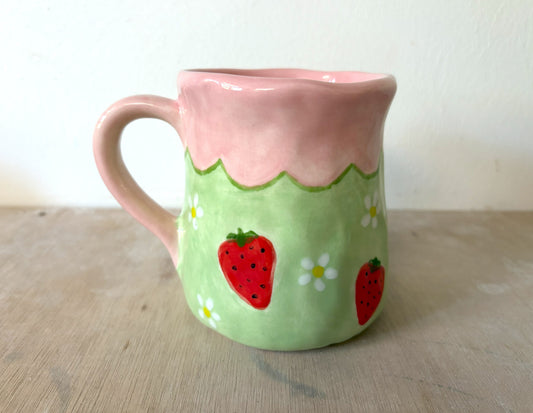 Millie's Pottery Large Tulip Pink and Green Strawberry and Daisy Hand Painted Mug