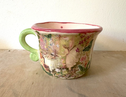 Millie's Pottery Large Pink Fairy Tea Party Scroll Handle Mug