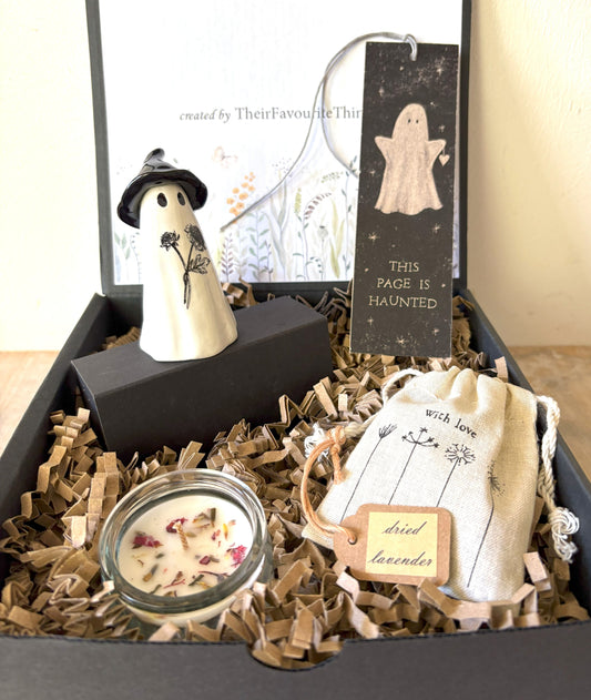 Gift Box with Ghost Witch and Black Sunflowers Trick or Treat Theme Book Mark and Gifts