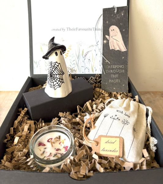 Gift Box with Ghost Witch and Black Cobweb Trick or Treat Theme Book Mark and Gifts