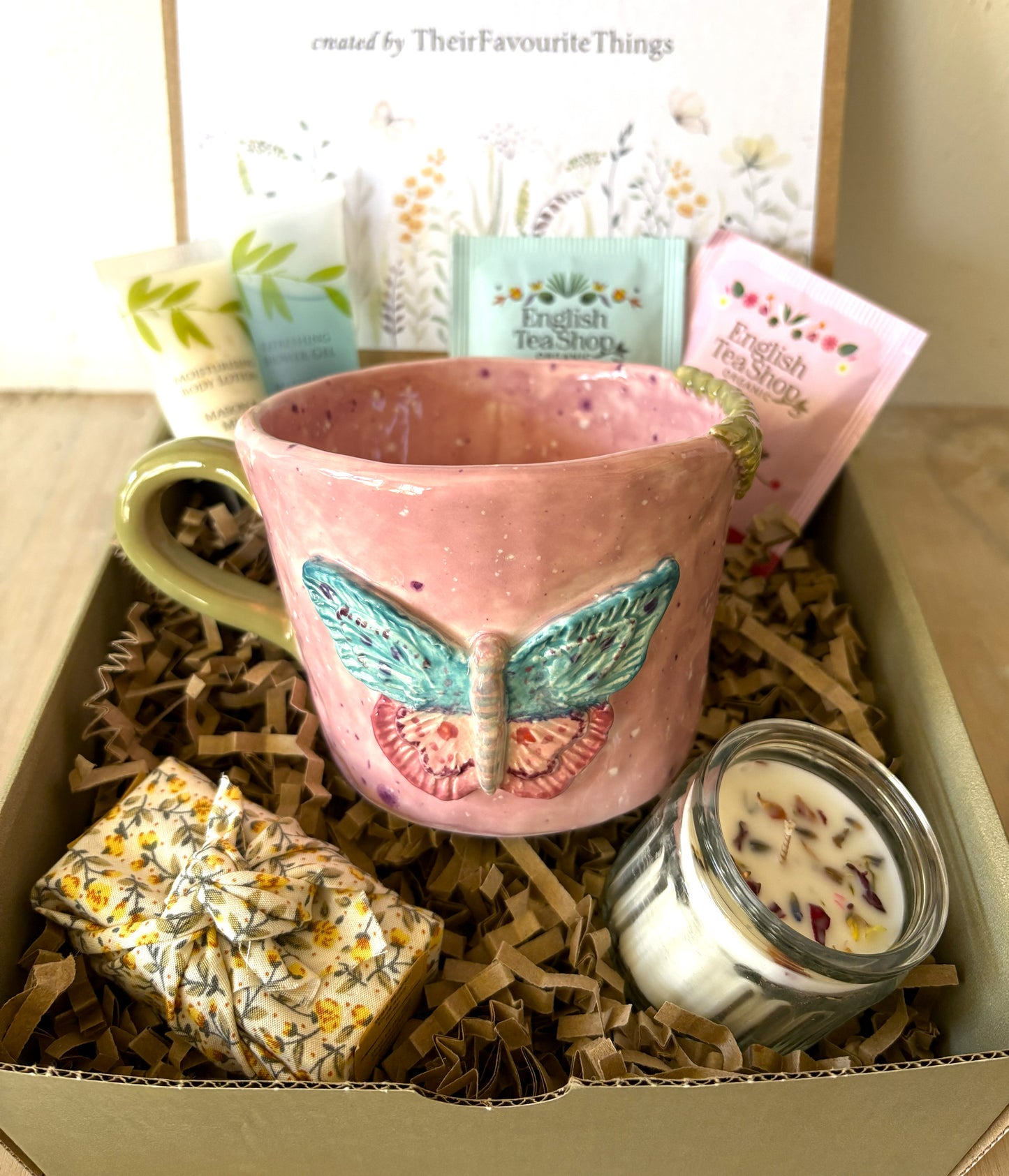 Hand Made Pink and Green Butterfly Mug Hand Painted Large Mug Gift Set
