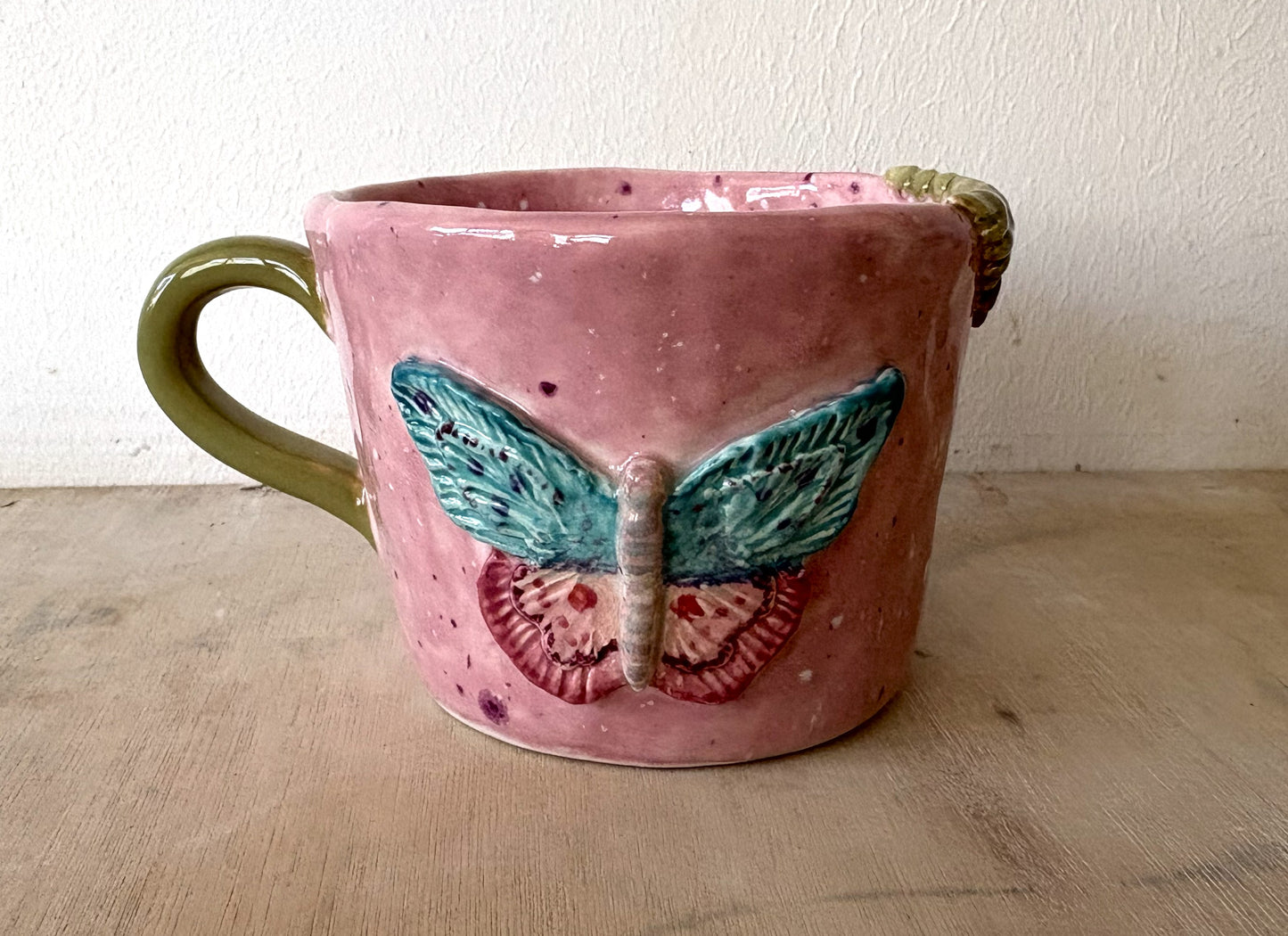Hand Made Pink and Green Butterfly Mug Hand Painted Large Mug Gift Set