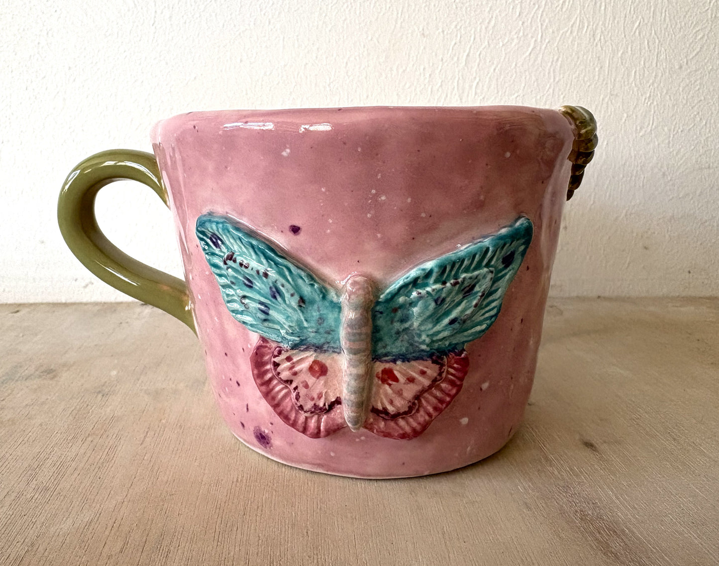 Hand Made Pink and Green Butterfly Mug Hand Painted Large Mug Gift Set