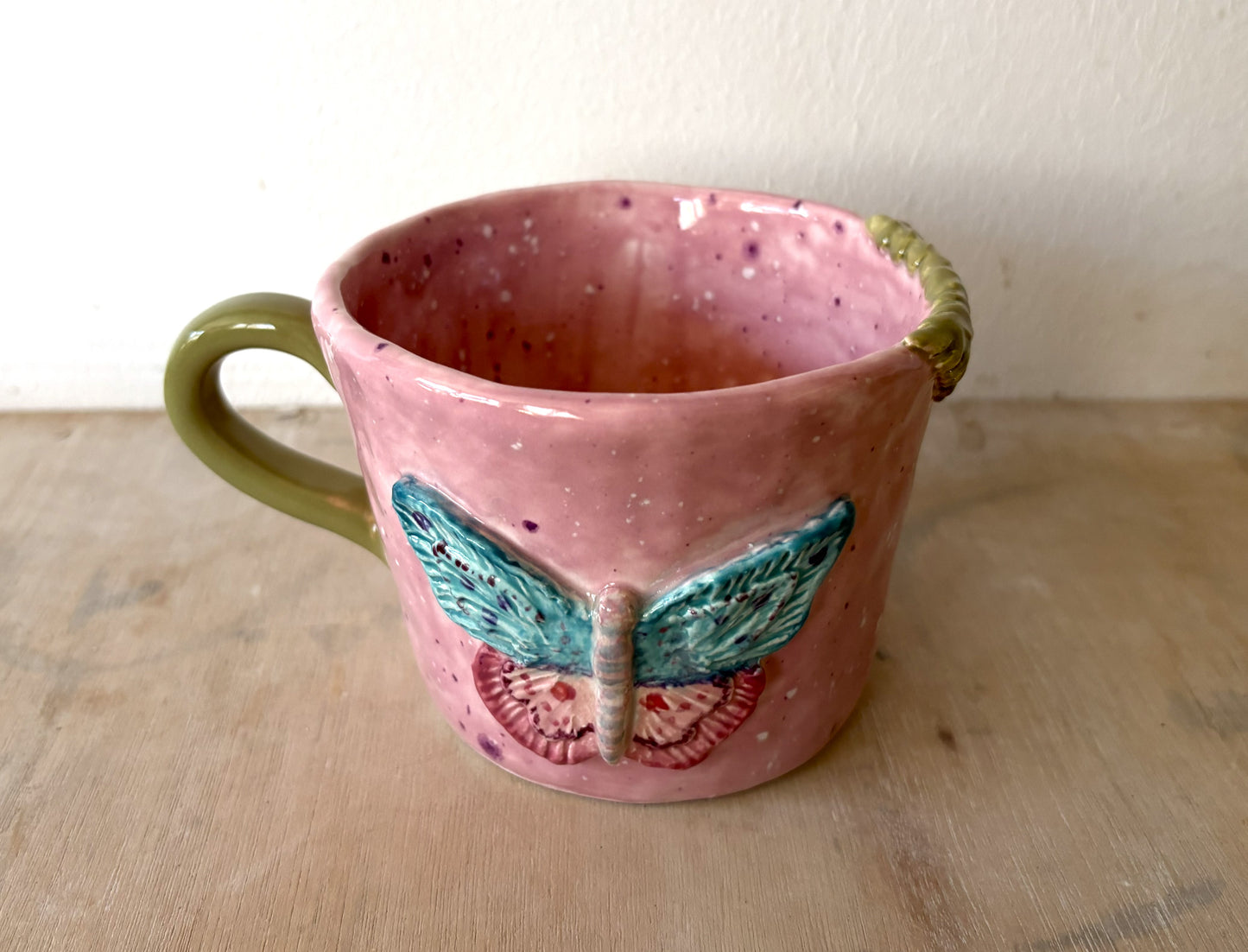 Hand Made Pink and Green Butterfly Mug Hand Painted Large Mug Gift Set