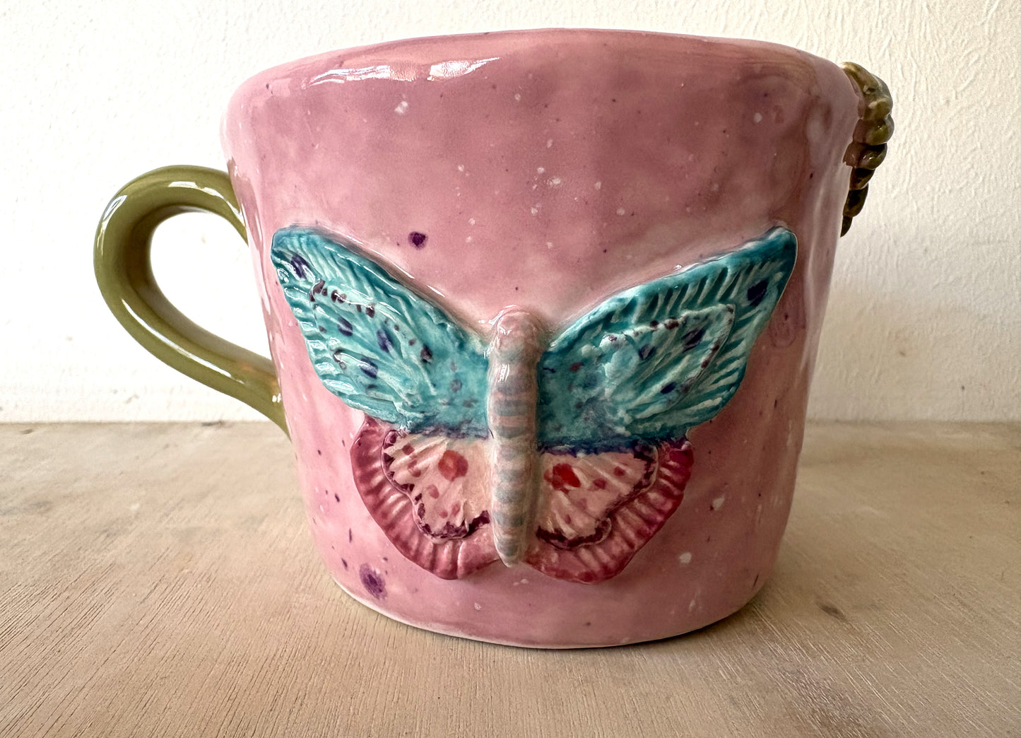 Hand Made Pink and Green Butterfly Mug Hand Painted Large Mug Gift Set