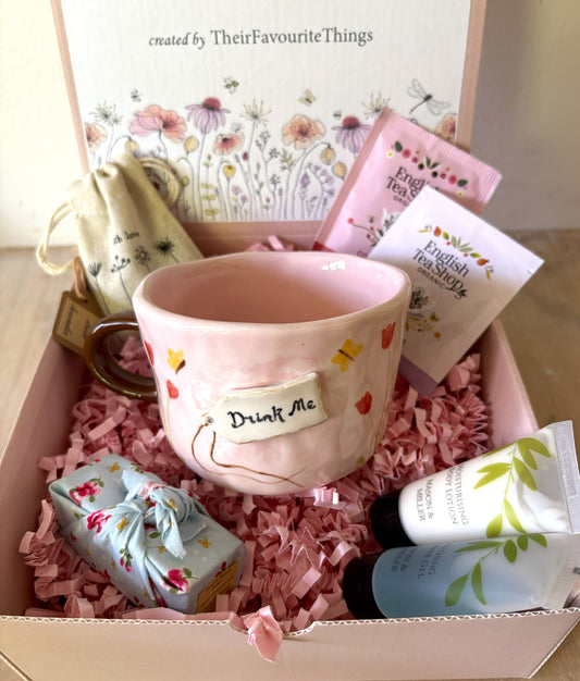 Millie's Pottery Drink Me Alice in Wonderland pink tulip and butterflies Mug Gift Set
