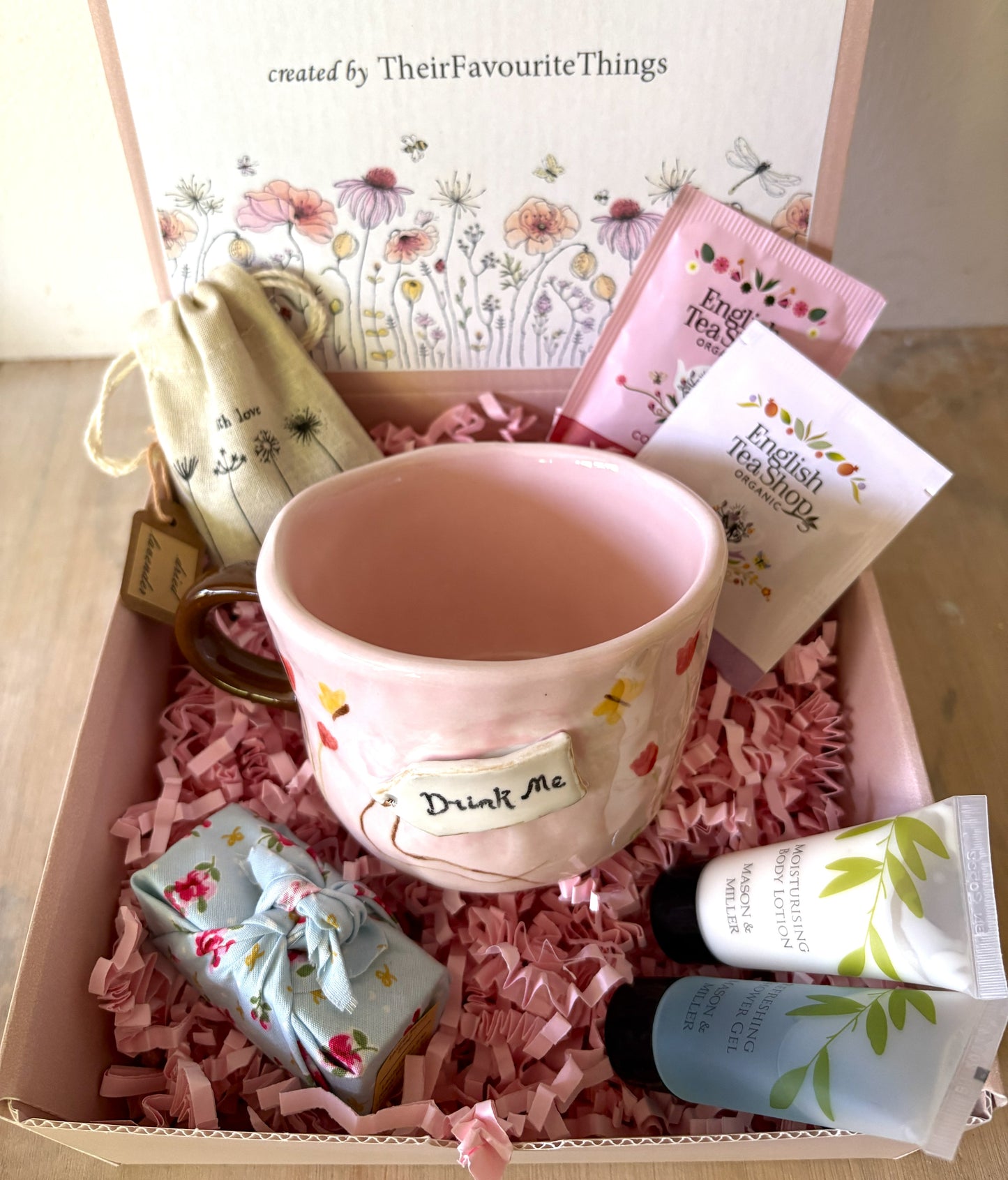 Millie's Pottery Drink Me Alice in Wonderland pink tulip and butterflies Mug Gift Set