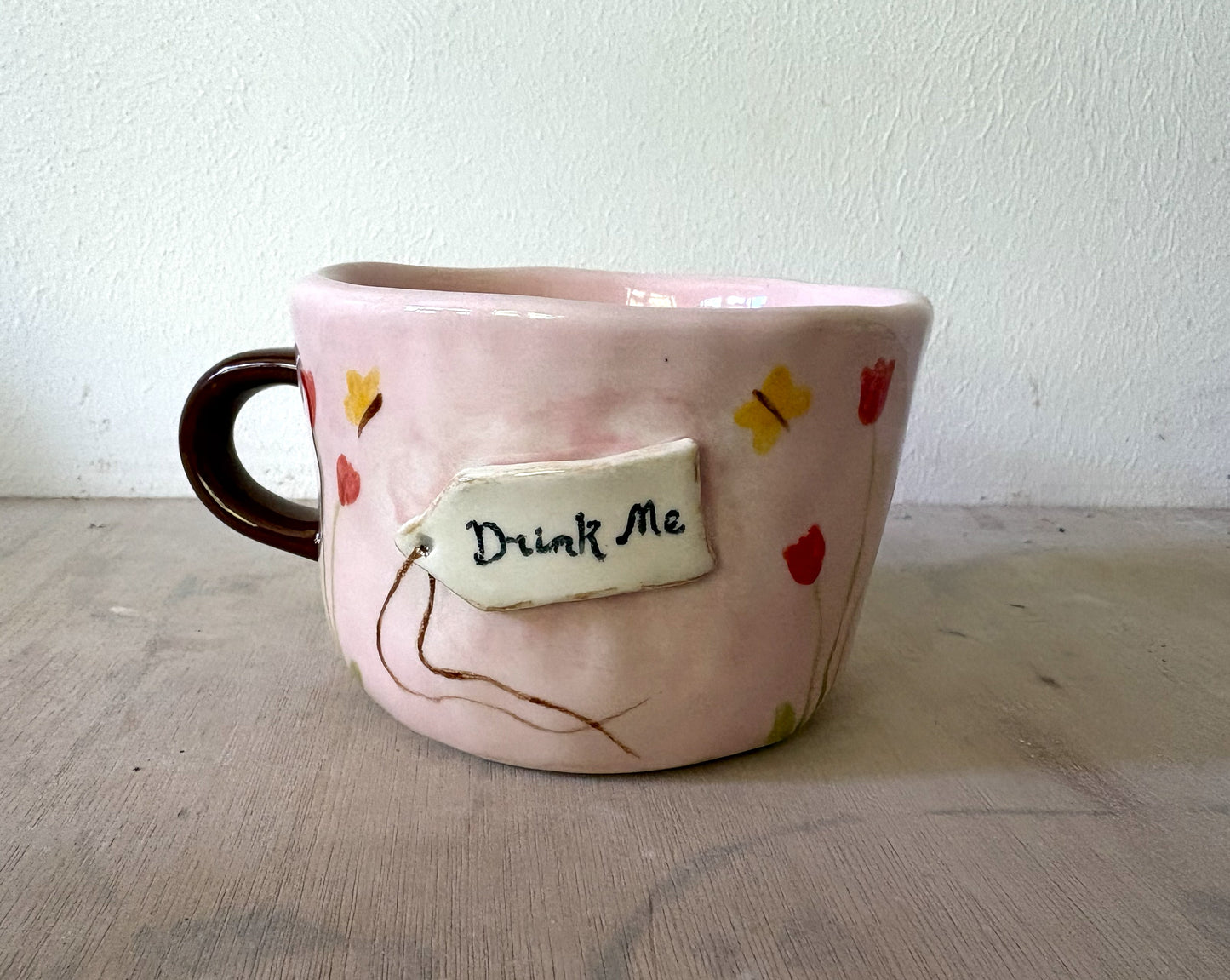 Millie's Pottery Drink Me Alice in Wonderland pink tulip and butterflies Mug Gift Set