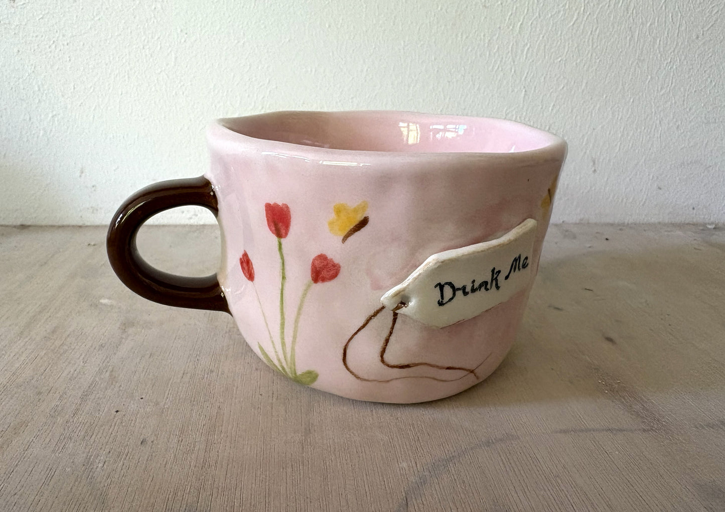 Millie's Pottery Drink Me Alice in Wonderland pink tulip and butterflies Mug Gift Set