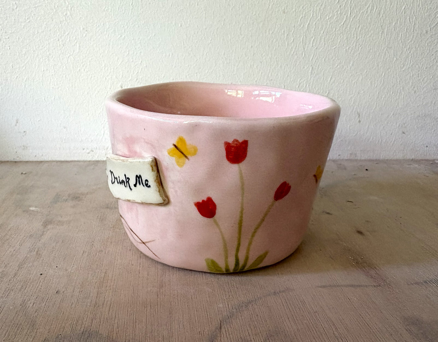 Millie's Pottery Drink Me Alice in Wonderland pink tulip and butterflies Mug Gift Set