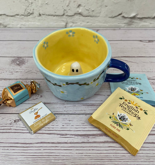 Millie's Pottery Pale Blue and Yellow Vine Leaf and White Daisies Peek-a-boo Little Ghost Mug Gift