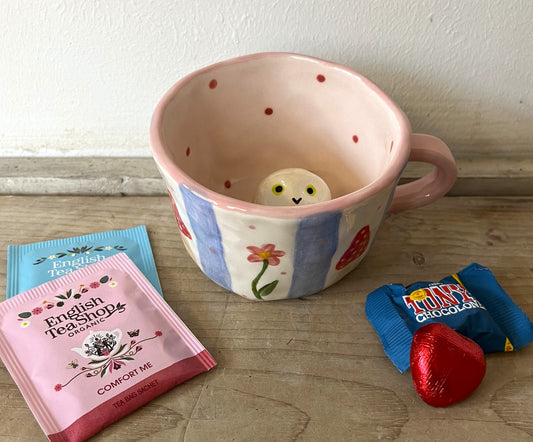 Millie's Pottery Blue Stripes with Flowers and Toadstools Peek-a-boo Little Owl Mug Gift