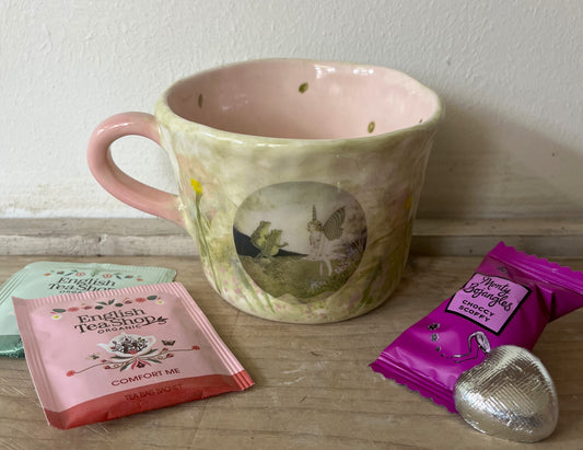 Millie's Pottery Blueberry Pink Fairy with Two Frogs Hand Painted Peek-a-boo Frog Gift
